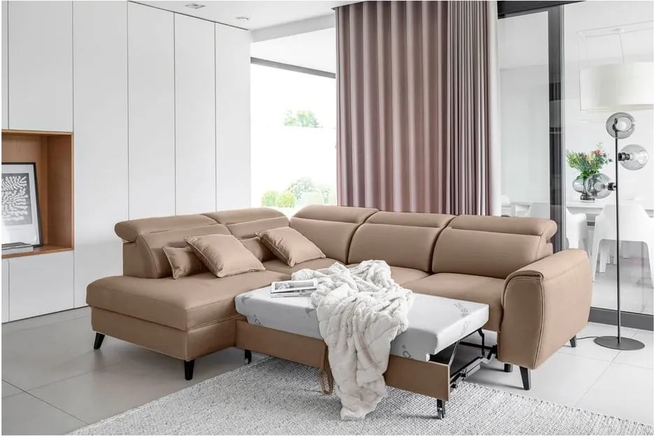 Világosbarna bársony kinyitható-tárolóhelyes sarokkanapé (bal oldali-L alakú) Noble – ELTAP