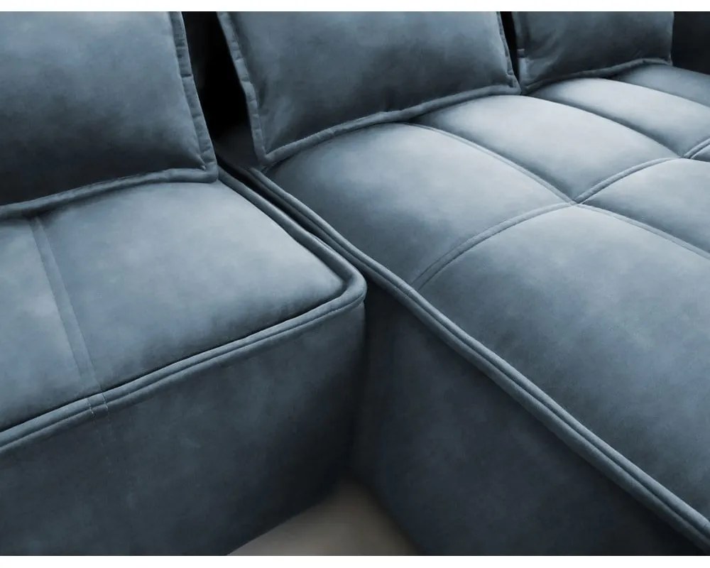 Kék bársony kinyitható-tárolóhelyes sarokkanapé (jobb oldali-heverő résszel) Campo – ELTAP