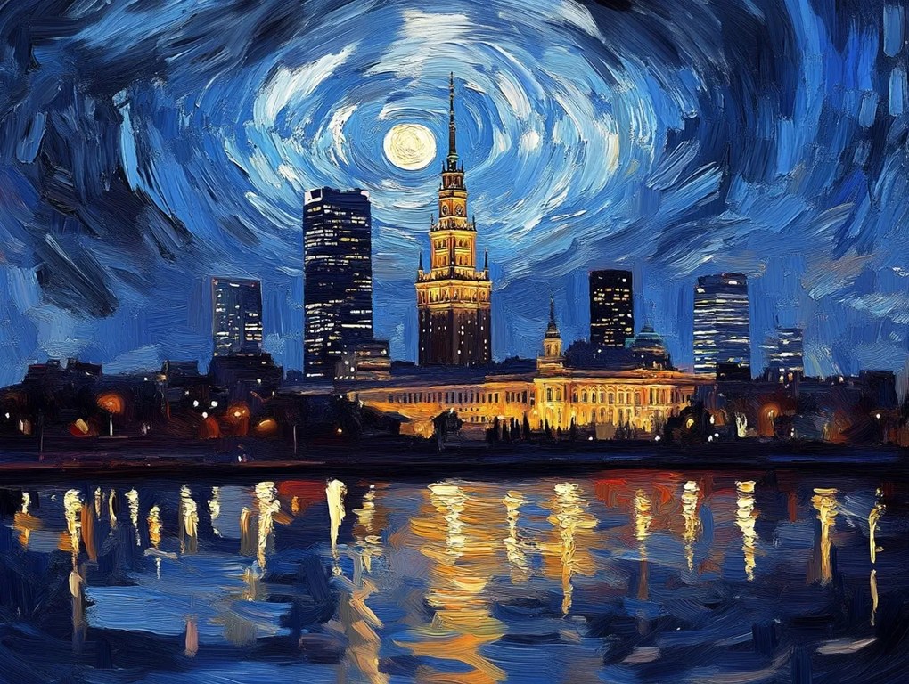 Vászonkép Canvas Város Varsó Panoráma Van Gogh Éjszakai Stílus 80x60