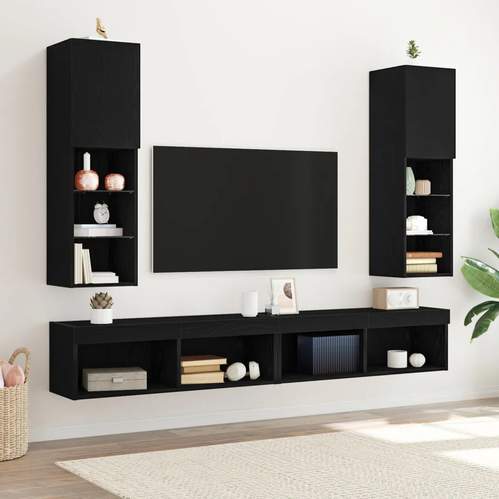 LED TV szekrény 2 db Fekete Tölgy 30,5x30x102 cm Mérnökifából