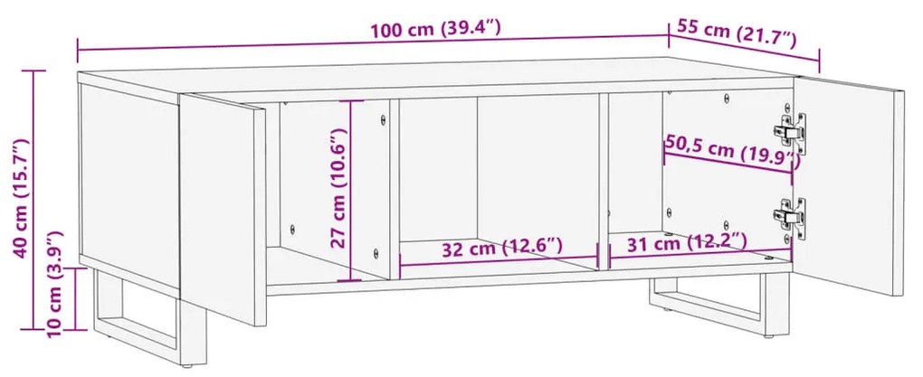 fehér tömör mangófa dohányzóasztal 100 x 55 x 40 cm