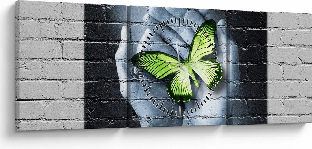 Kép - Zöld pillangó a falon (órával) (90x30 cm)