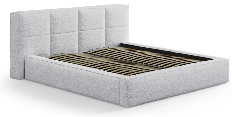 Világosszürke kárpitozott ágyneműtartós franciaágy ágyráccsal 200x200 cm Simon – Micadoni