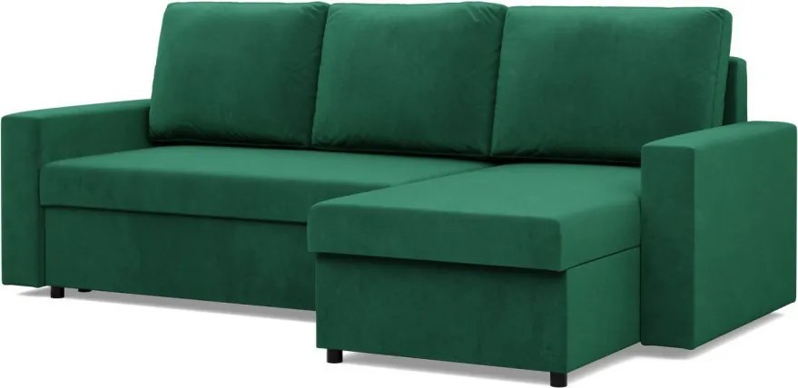 Zeus sarokkanapé, 2 ágyneműtartóval, egyenes kartámasz, bársony, univerzális oldal, hab töltet, zöld