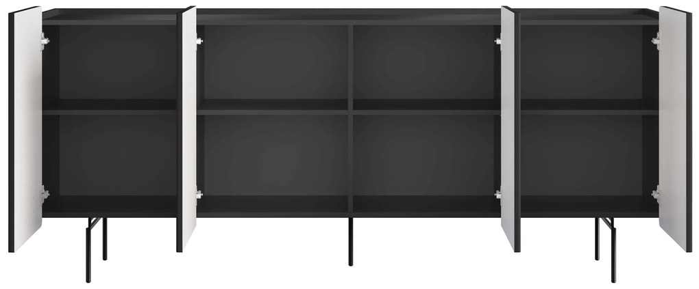 Malmi komód 200 cm négyajtós - matt fekete / fekete lábak