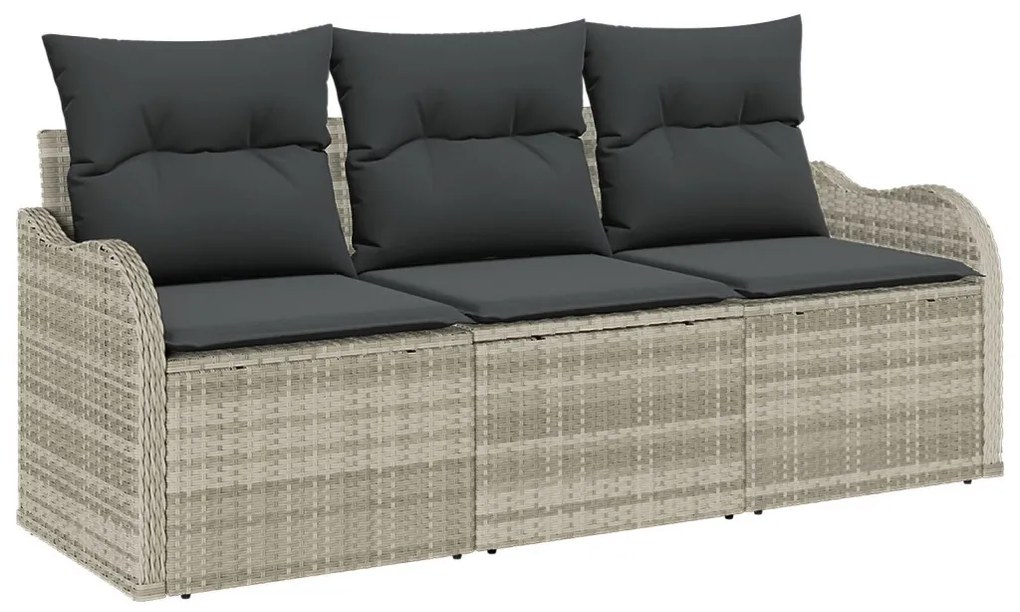 3 darabos kerti kanapészett párnákkal Világosszürke Poli Rattan, 2 személyes kerti kanapé tárolóval és párnákkal Világosszürke Poli Rattan