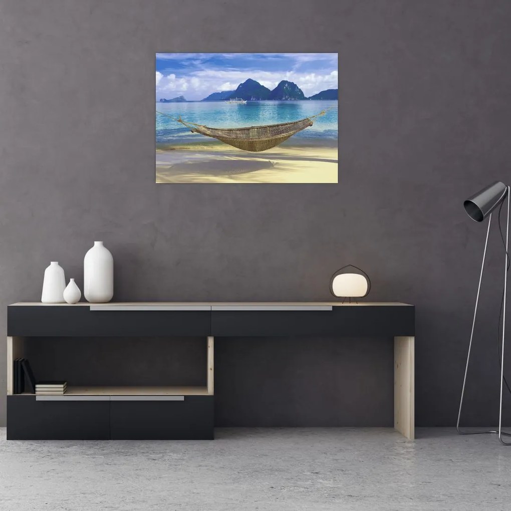 Kép - Egy függőágy képe a tengerparton 2 (üvegen) (70x50 cm)