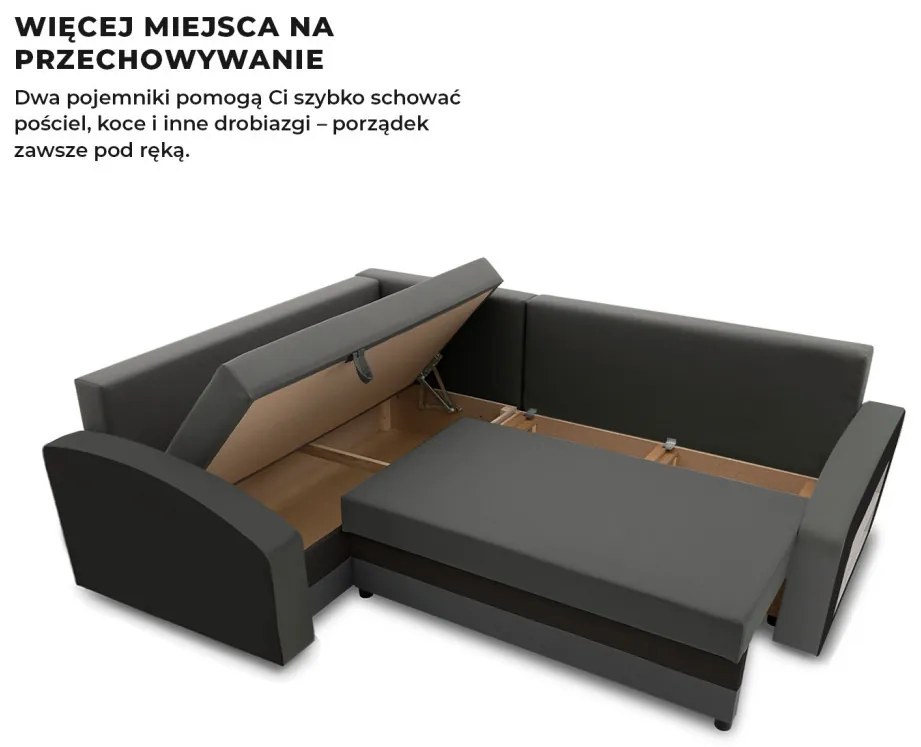 Grande sarokkanapé polcokkal , polc a jobb karfaban, baloldali, szövet anyag, bonell töltet, szürke - fekete