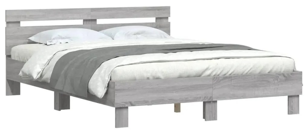 szürke sonoma színű ágykeret fejtámlával és LED-del 140x190 cm