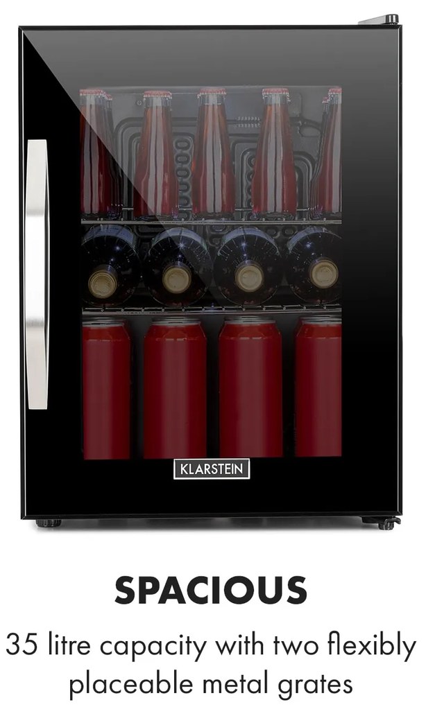 Klarstein Beersafe M Onyx, hűtőszekrény, C energiahatékonysági osztály, LED, 2 fém rács, üvegajtó