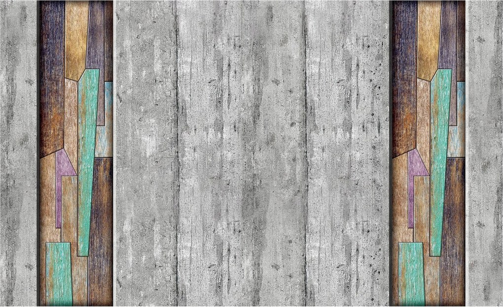 Fotótapéta Fa Mozaik Szürke Deszka Színes ékezetek 254x184 vinil +ragasztó