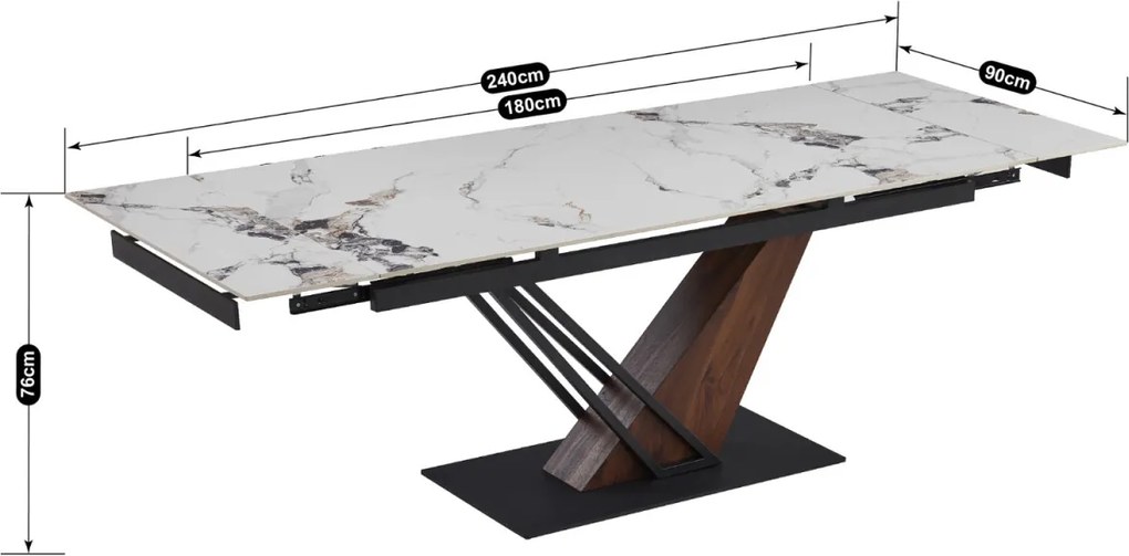 Kihúzható kerámia étkezőasztal 180–240 cm méretben, fehér márvány/dió színben REX 2
