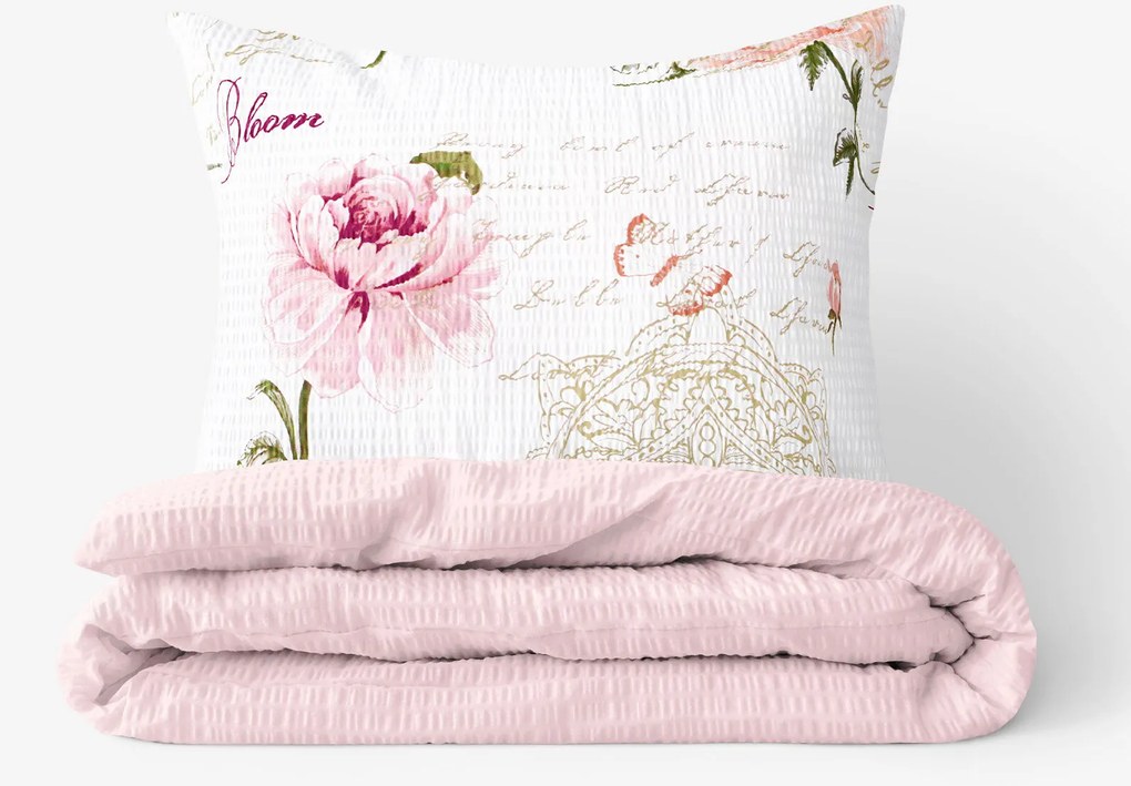 Goldea krepp ágyneműhuzat duo - pünkösdirózsa mintás, púderrózsaszín hátoldal 140 x 200 és 70 x 90 cm