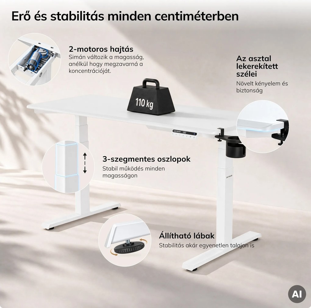 Elektromos, állítható magasságú, ergonomikus, fehér íróasztal,1600x800 mm: ARIA