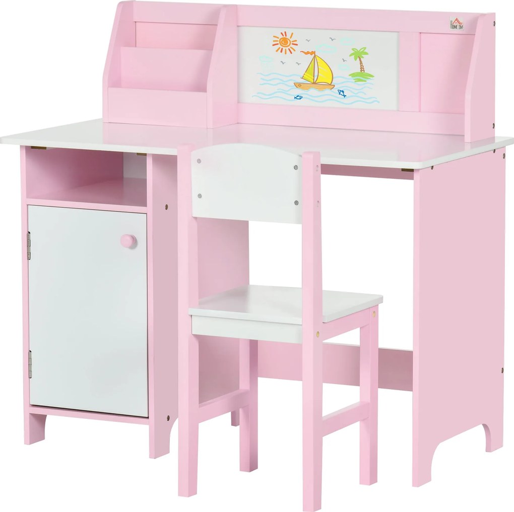 HOMCOM Gyerek Fa Asztal és Szék Szett - Fehér Táblával 5 Éves Korosztály Számára 90x45x85 cm Rózsaszín | Aosom