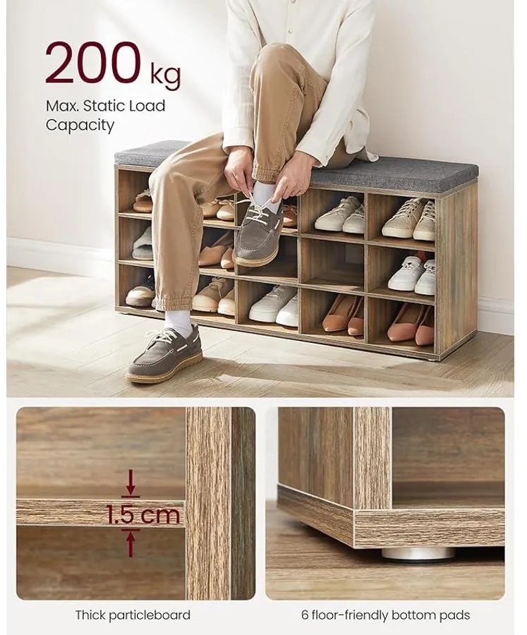 VASAGLE Cipőtartó pad, cipőpolc ülőfelülettel, 30×105×48 cm, türkizbarna–szürke