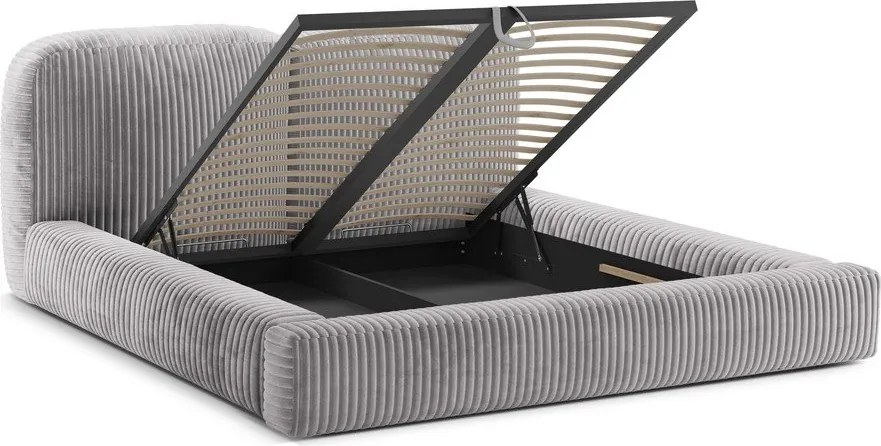 Világosszürke kárpitozott ágyneműtartós franciaágy ágyráccsal 200x200 cm Martina – Micadoni