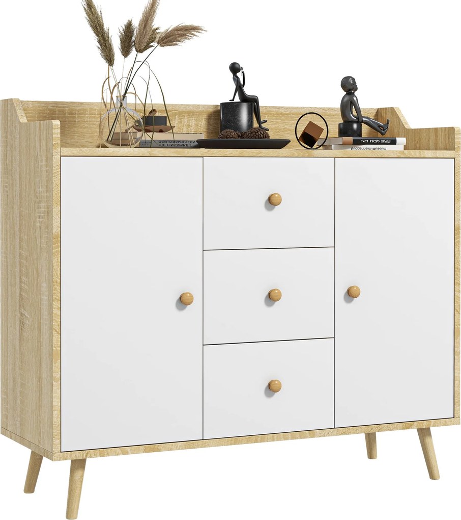 HOMCOM Fa Éjjeliszekrény 3 Fiókkal és 2 Kettős Szintű Szekrénnyel, Modern és Többfunkciós Bútor a Konyhához, Étkezőhöz és Nappalihoz, 90x32x80 cm, Feh