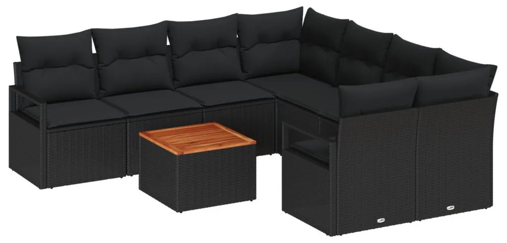9 darabos Kerti Kanapé Szett Párnákkal, Fekete Poli Rattan Akác, 2-Fős Kerti Kanapé Párnákkal, Fekete Poli Rattan