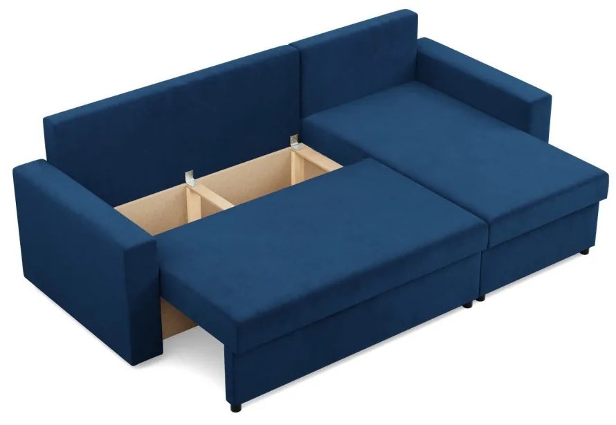 Zeus sarokkanapé, 2 ágyneműtartóval, egyenes kartámasz, bársony, univerzális oldal, bonell töltet, kék