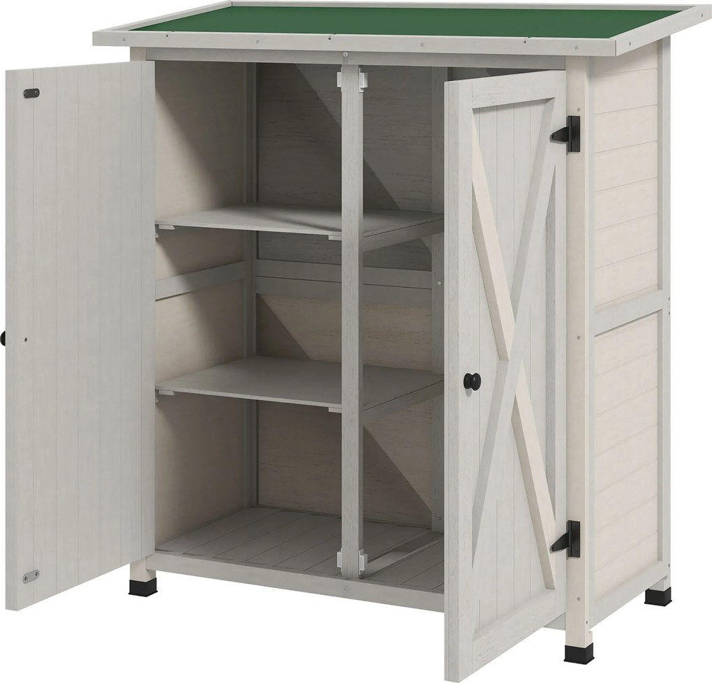 Outsunny Fa Kerti Szekrény, Időjárásálló Kerti Tároló 110 x 55 x 117 cm, Kerti Ház Ajtóval, Ferde Tetővel, Polcokkal, Szerszámszekrény, Kerti Szerszám