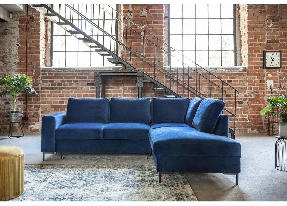 Sötétkék bársony kinyitható sarokkanapé (jobb oldali) Lofty Lilly – Miuform