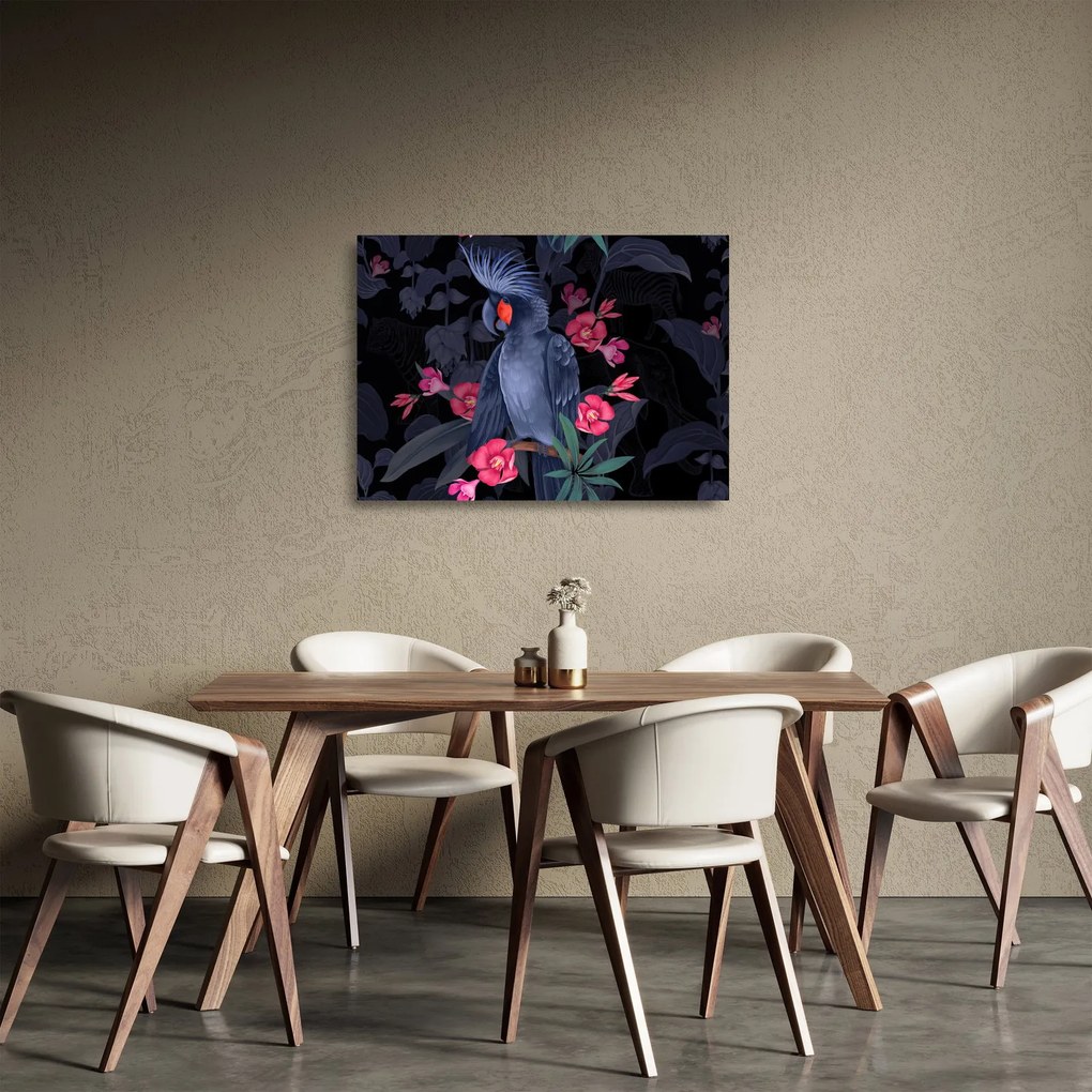 Kép - papagáj a virágok között (üvegen) (70x50 cm)