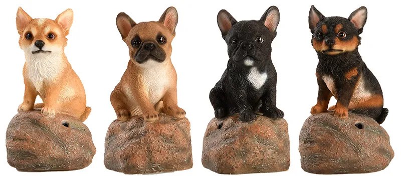 Kövön ülő ugató francia bulldog kiskutya polyresin szobor, fekete, kültéri és beltéri dekorációs kiegészítő