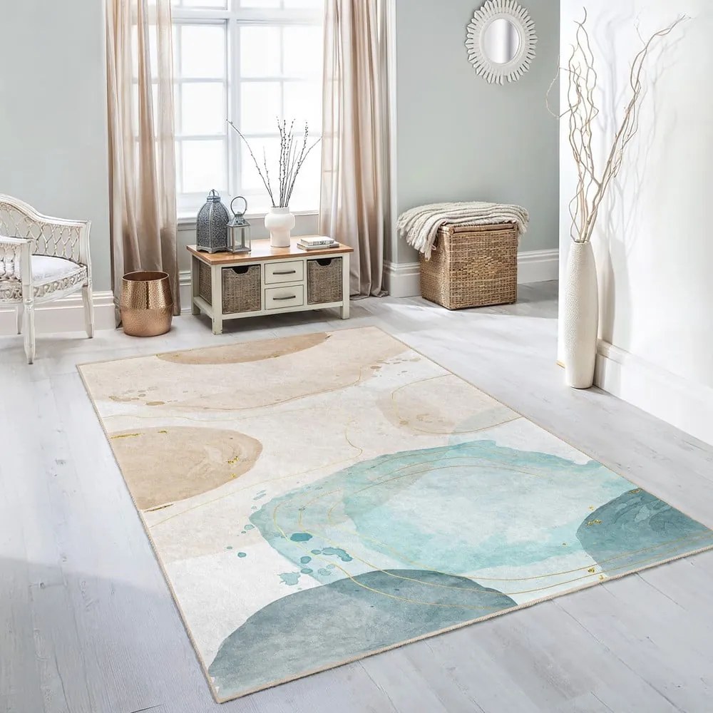 Krémszínű-türkiz mosható futószőnyeg 80x200 cm Puddle – Mila Home
