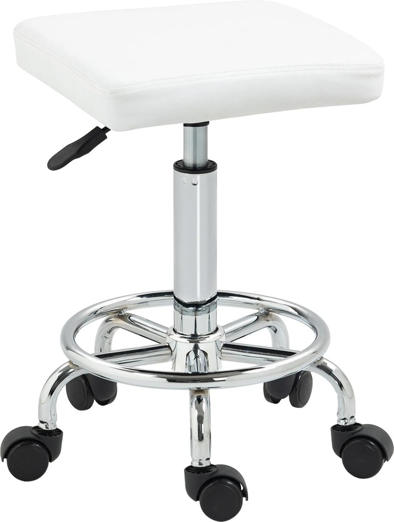 HOMCOM Forgószék Kerekekkel Állítható Magasságú 50-66 cm Kárpitozott Ülés PU Bőr Lábpihentető Nappalikhoz és Műhelyekhez - Fehér | Aosom