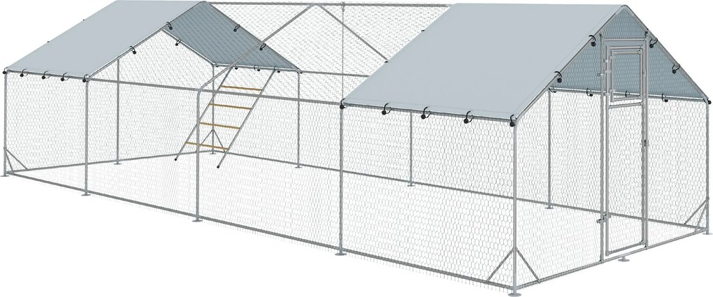 PawHut Elemekkel készült Tyúkól, 3 x 8 x 1,95 m Tyúk ketrec UV-ellenálló fedéllel, Etetőajtóval, Függeszthető Etetővel, Ülőfával, Tyúk Zárkával 24-30