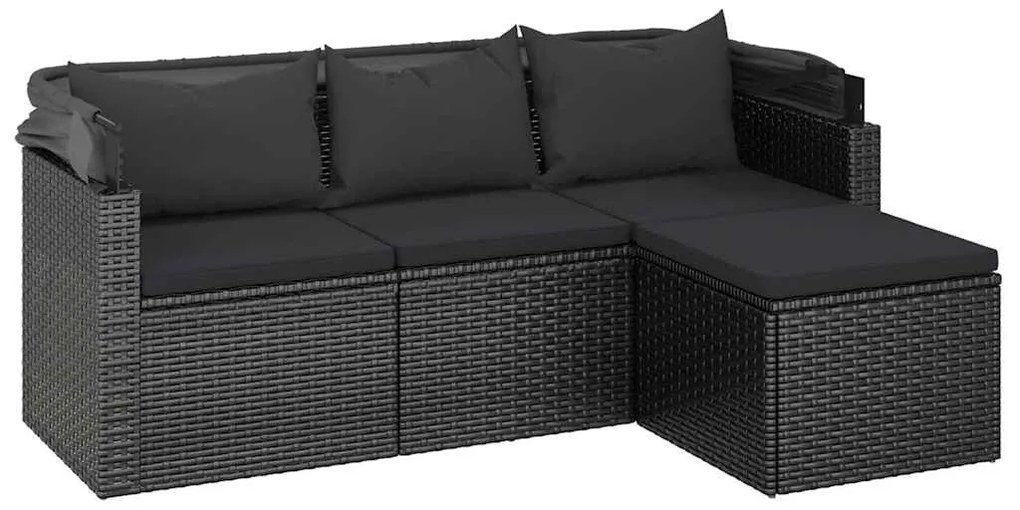 3-személyes fekete polyrattan kanapé tetővel és lábtartóval