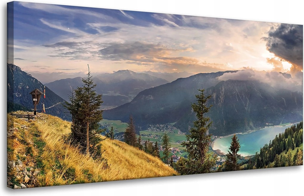 Vászonkép Nap a hegyek felett Felhők Falu 80x40 cm