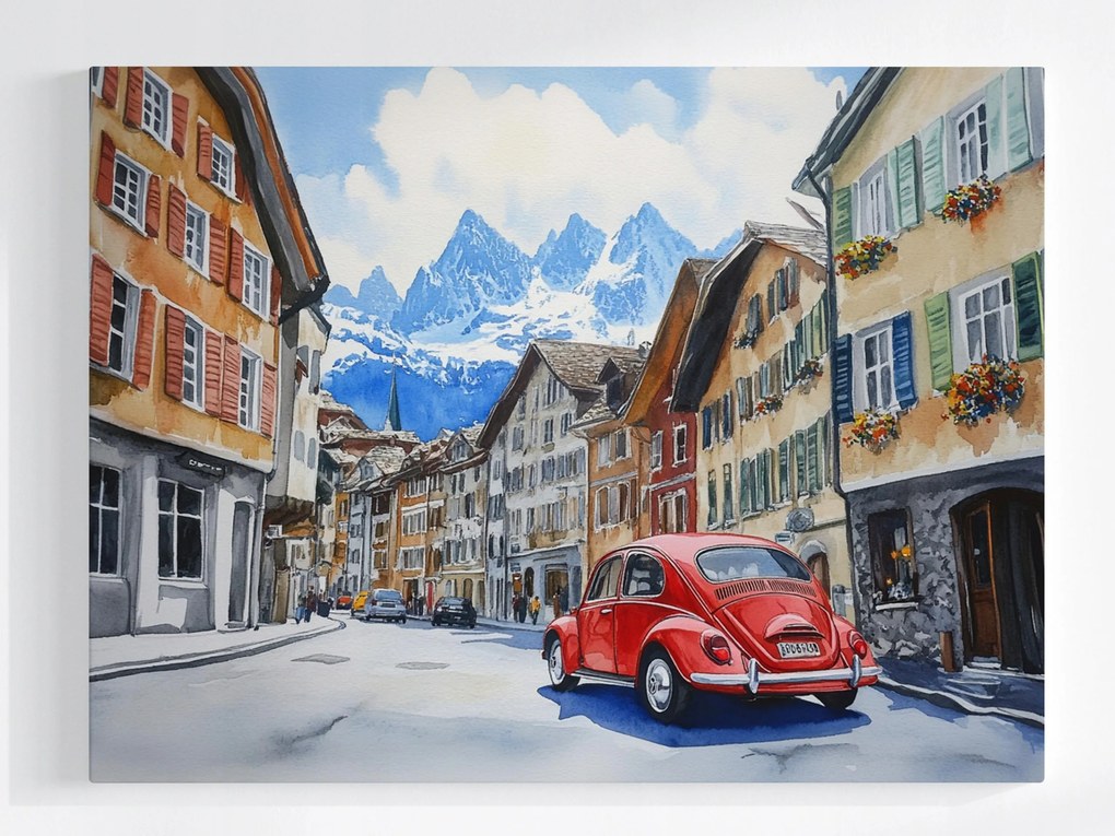 Vászonkép Canvas Város Alpok Hegyek Autó Oldtimer 100x75