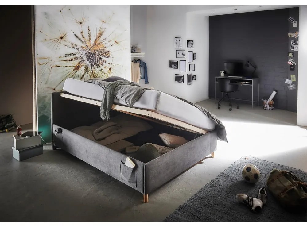 Antracitszürke kárpitozott ágyneműtartós gyerekágy ágyráccsal 90x200 cm Cool – Meise Möbel