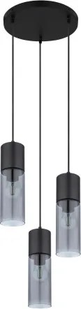 Globo 21000-3HB Függeszték, matt fekete fém, füstszínű üveg búra, matt fekete fém, fekete textil kábel, ø: 300mm, M: 1500mm, exkl. 3x E27 25W 230V