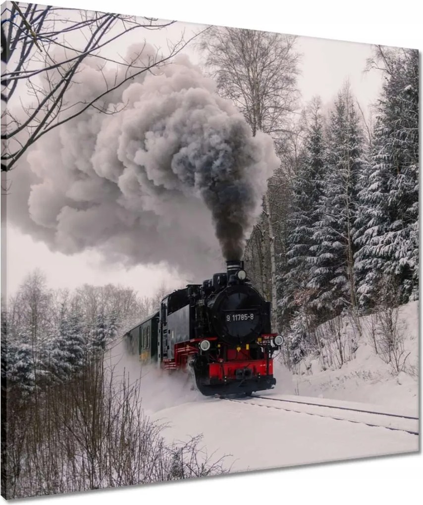 Vászonkép 70x70 Mozdony téli tájképben