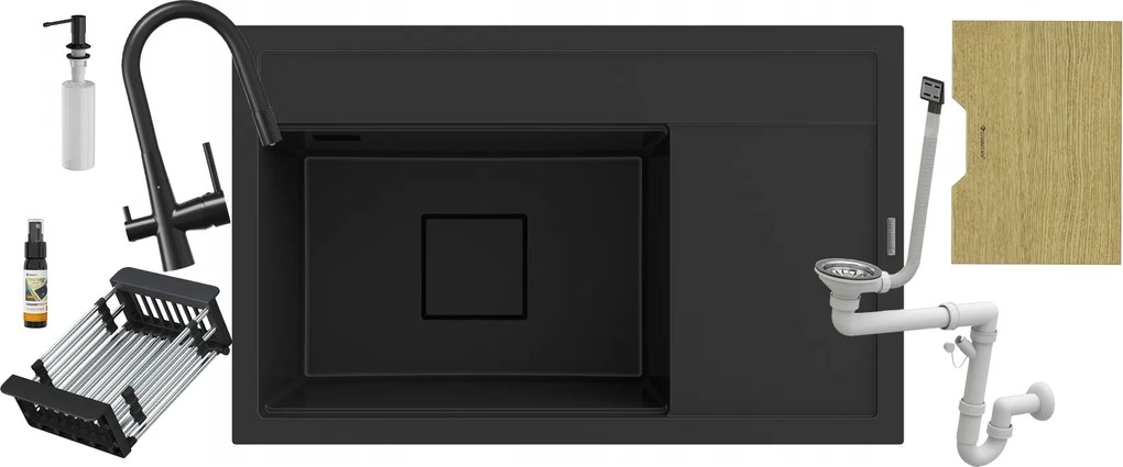 Gránit mosogató fekete Rendo szett szűrő csaptelep mosó csepegtető deszka