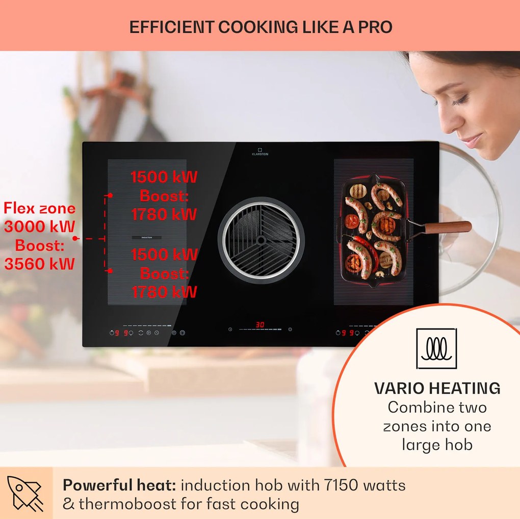 Klarstein Full House Down Air System, indukciós főzőlap + páraelszívó, 655 m³/ó, A energiahatékonysági osztály