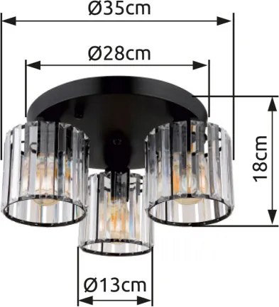 Globo 15742-3D Mennyezeti lámpa fekete matt fém, átlátszó akril kristályok, ø: 350mm, M: 180mm, 3x E27 60W 230V izzók nélkül