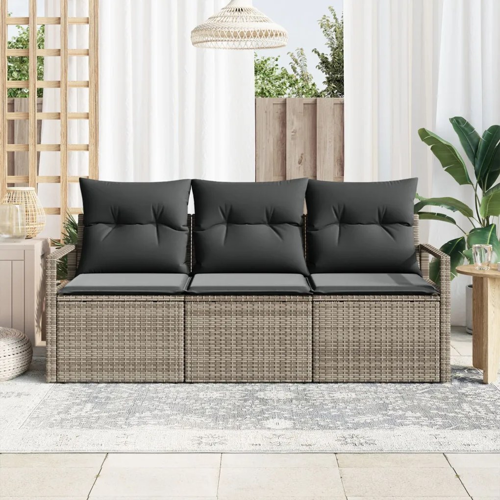 3 részes kert kanapé szett párnákkal, szürke poli rattan, 2-személyes kert kanapé párnákkal, szürke poli rattan