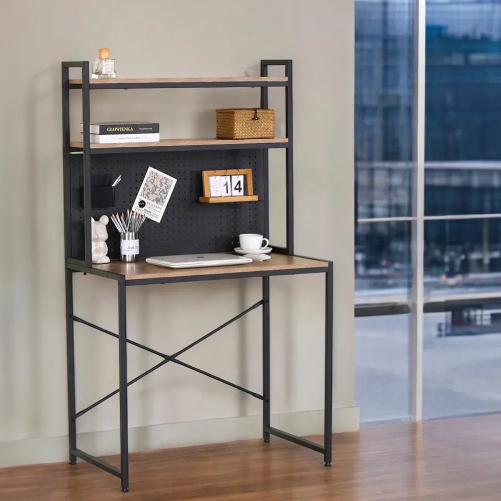 Polcos íróasztal / számítógépasztal mágnestáblával 84×50 cm, masszív fém vázzal, fekete–modern tölgy – Intenso Home