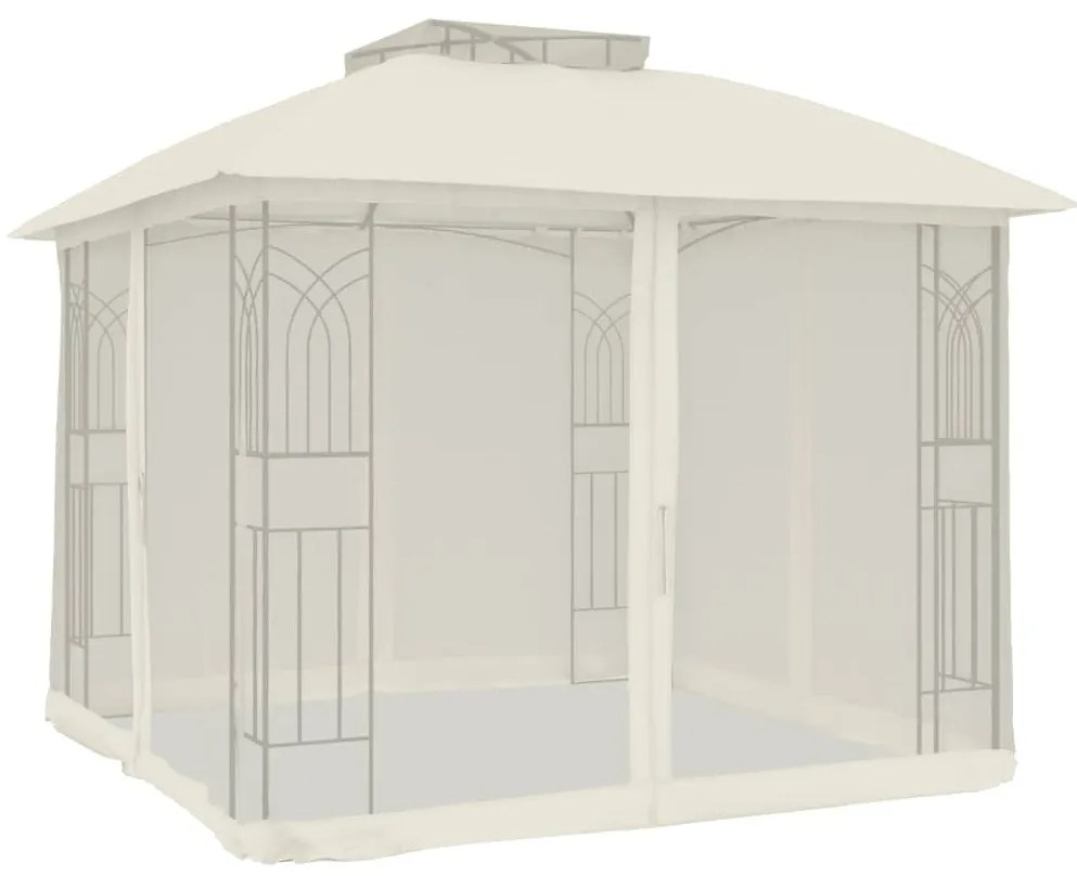 krémszínű acél dupla tetős pavilon hálós falakkal 2,94 x 2,94 m