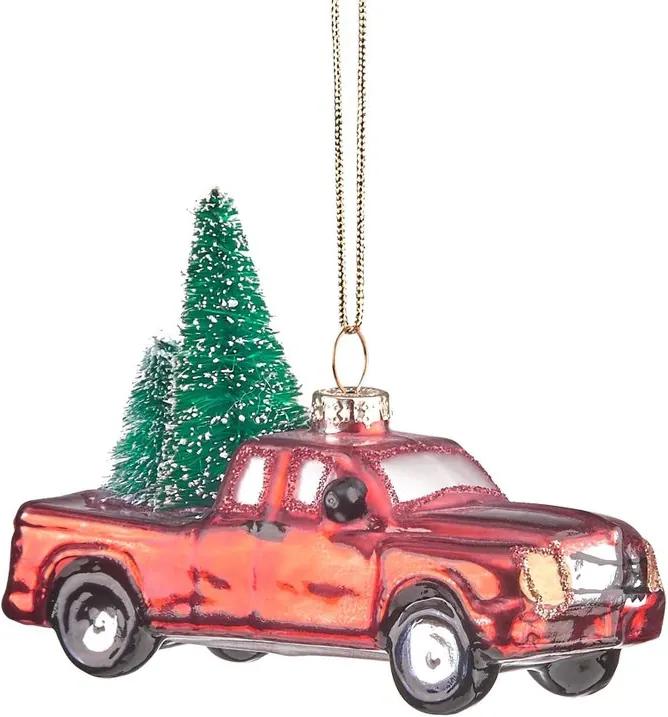 HANG ON üveg karácsonyfadísz piros kocsi fenyővel