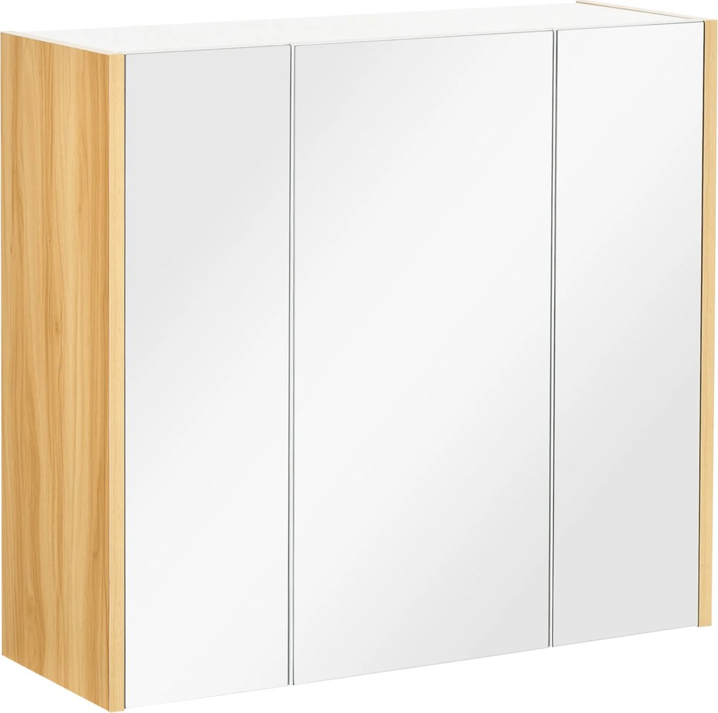 kleankin Fürdőszobai tükörszekrény 3 ajtóval, 4 állítható polccal 68 x 22 x 60 cm világos tölgy - fehér | Aosom