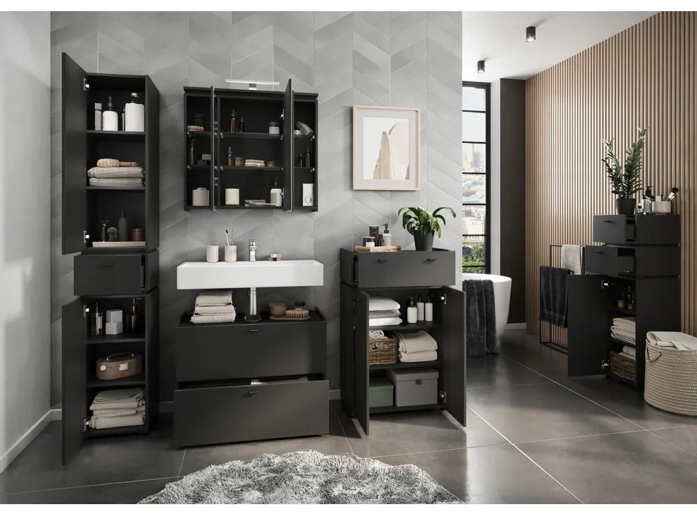 Antracitszürke tükrös fürdőszoba szekrény világítással 76x74 cm Modesto – Germania