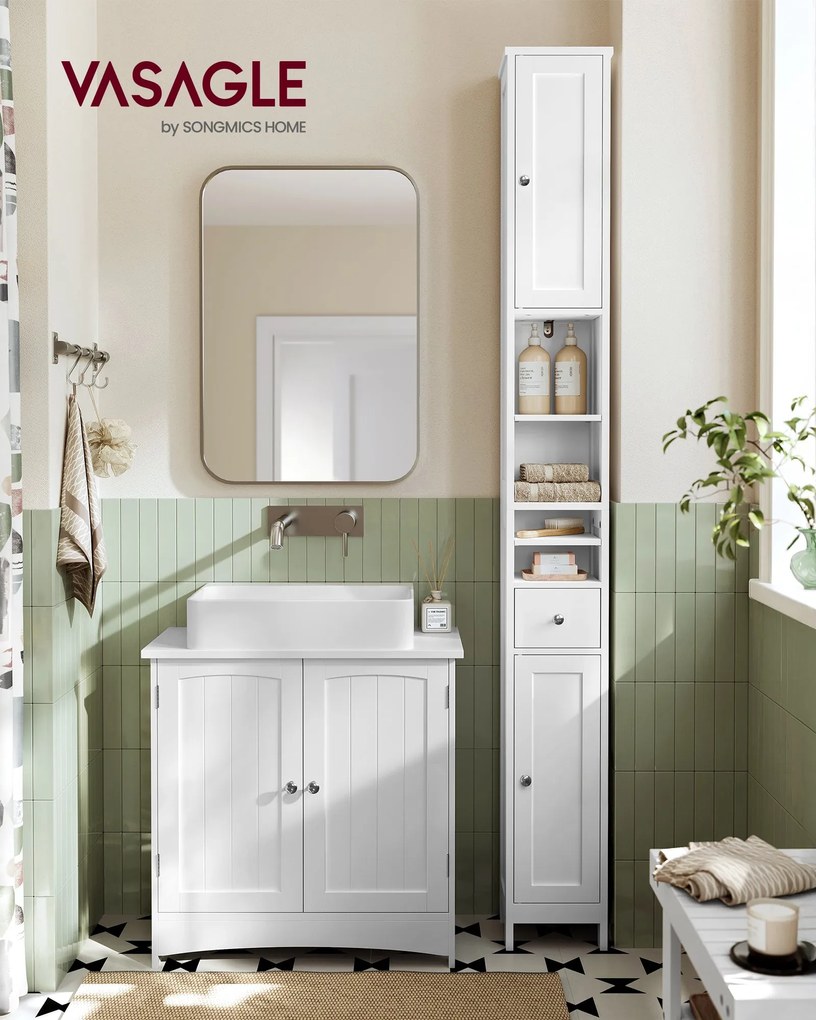 Magas fürdőszobai szekrény, keskeny, állítható polcokkal, modern, felhőfehér