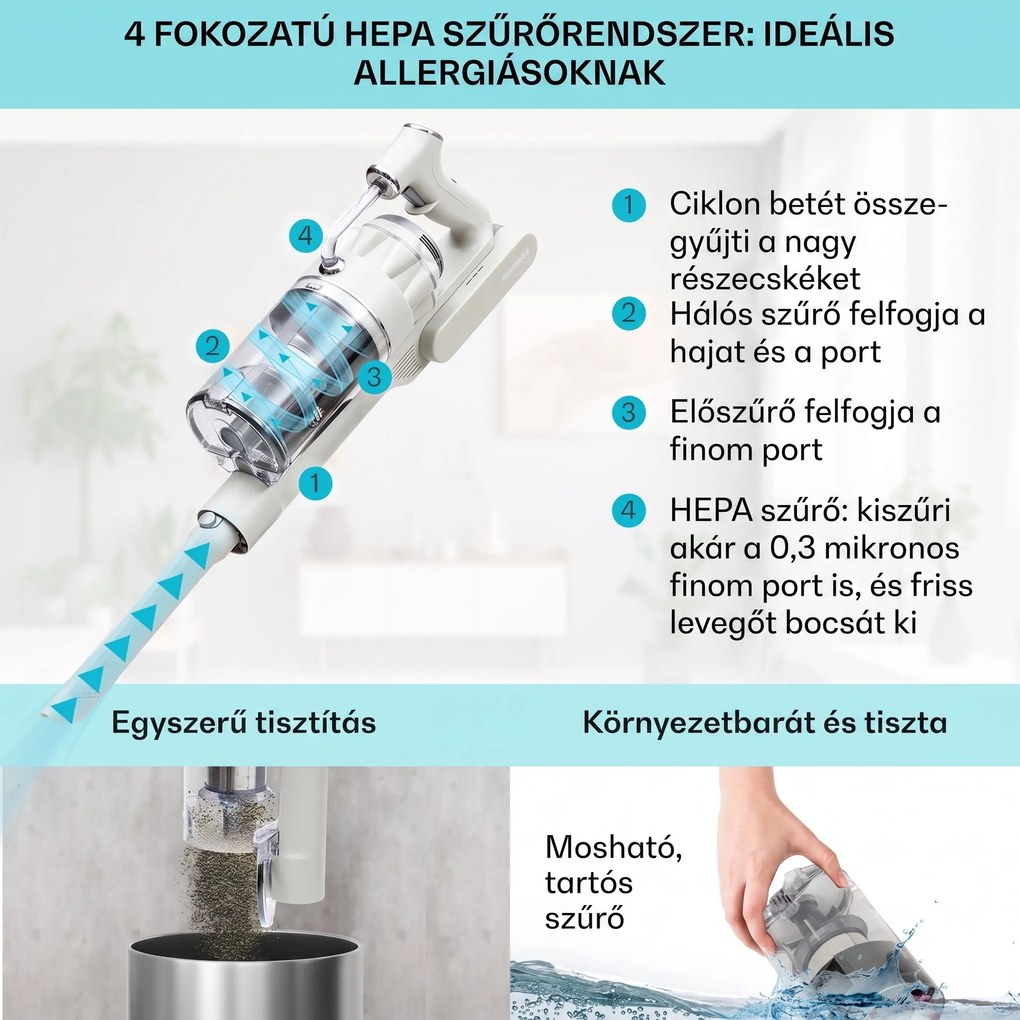 Klarstein LARMA vezeték nélküli, porzsák nélküli porszívó, 45 perc akkumulátoridő, max. LED