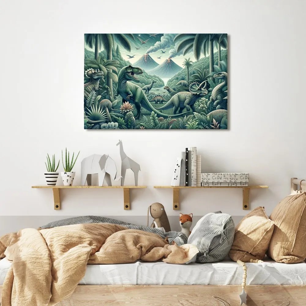 Kép dinoszauruszok vulkános őserdőben