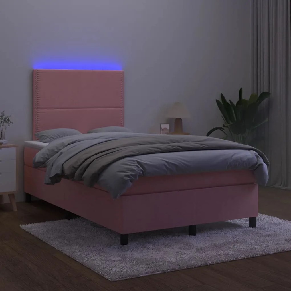 rózsaszín bársony rugós és LED-es ágy matraccal 120 x 190 cm